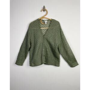 Vintage 90s Koret Mohair Blend crochet  Slouchy Cardigan Sweater Olive Green L